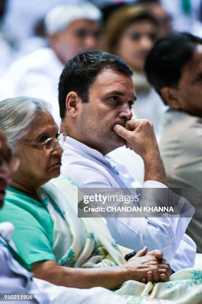 President of the Indian National Congress Party Rahul Gandhi attends the launch of the nationwide 'Save the Constitution campaign' in New Delhi on...