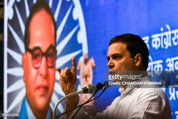 President of the Indian National Congress Party Rahul Gandhi speaks during the launch of the nationwide 'Save the Constitution campaign' in New Delhi...