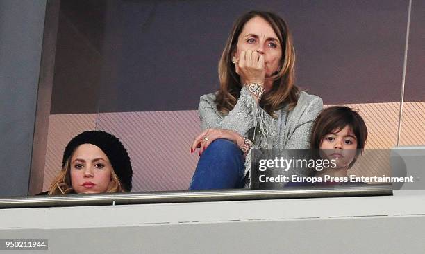 Shakira, her son Milan Pique and Gerard Pique's mother Montserrat Bernabeu are seen at the Spanish Copa del Rey Final match between Barcelona and...