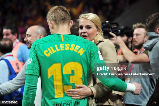 Jasper Cillessen and Joan Klooster are seen at the Spanish Copa del Rey Final match between Barcelona and Sevilla at Wanda Metropolitano on April 21,...