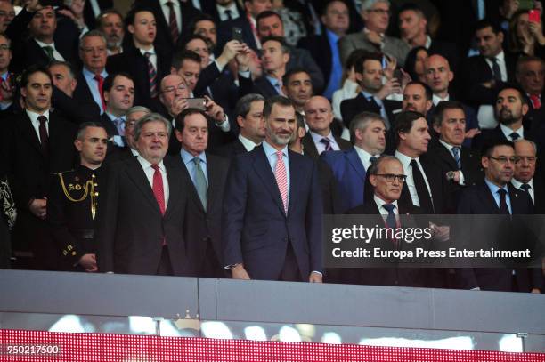 Inigo Mendez de Vigo , King Felipe VI and Josep Maria Bartomeu are seen at the Spanish Copa del Rey Final match between Barcelona and Sevilla at...