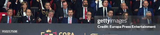 Juan Ignacio Zoido , Inigo Mendez de Vigo , King Felipe VI , Josep Maria Bartomeu , Maria Dolores de Cospedal and Enrique Cerezo are seen at the...