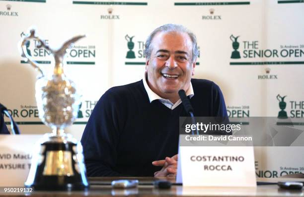 Costantino Rocca of Italy speaks with the media during the Senior British Open Media day for the 2018 Senior British Open to be held on The Old...