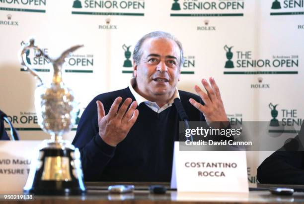 Costantino Rocca of Italy speaks with the media during the Senior British Open Media day for the 2018 Senior British Open to be held on The Old...