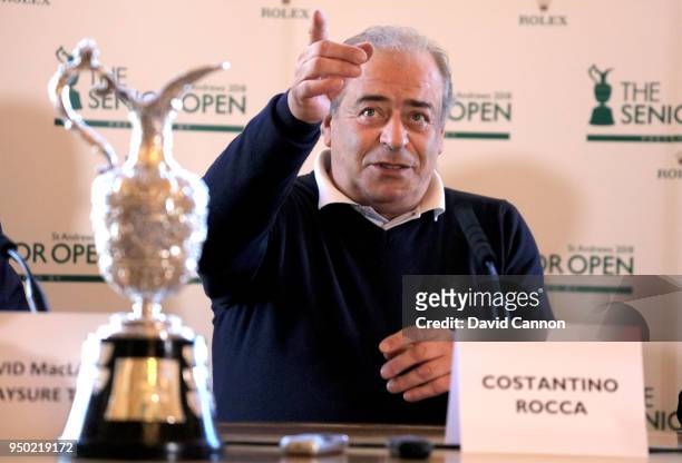Costantino Rocca of Italy speaks with the media during the Senior British Open Media day for the 2018 Senior British Open to be held on The Old...
