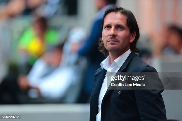 Daniel Alcantar, Coach of Lobos BUAP, gestures during the 16th round match between Monyerrey and Lobos BUAP as part of the Torneo Clausura 2018 Liga...