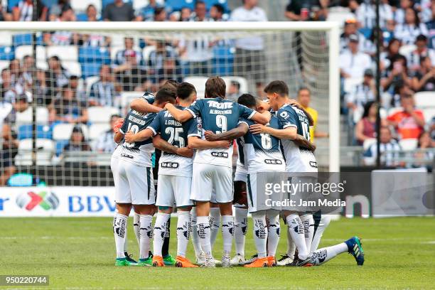 Players of Monterrey make a circle prior the 16th round match between Monterrey and Lobos BUAP as part of the Torneo Clausura 2018 Liga MX at BBVA...