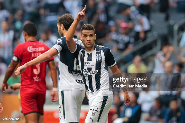 Celso Ortiz of Monterrey celebrates after scoring the first goal of his team during the 16th round match between Monterrey and Lobos BUAP as part of...