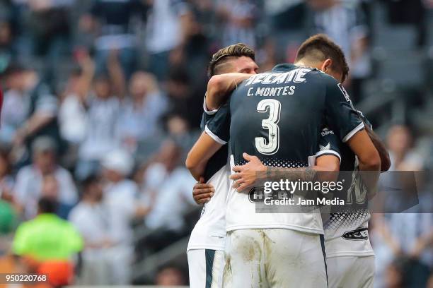 Players of Monterrey celebrate after scoring the first goal during the 16th round match between Monterrey and Lobos BUAP as part of the Torneo...