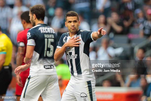 Celso Ortiz of Monterrey celebrates after scoring the first goal of his team during the 16th round match between Monterrey and Lobos BUAP as part of...