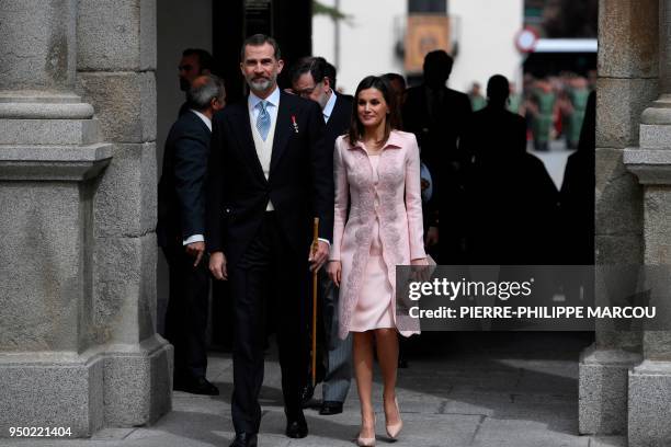 King Felipe VI of Spain and Queen Letizia arrive at the Alcala de Henares University, near Madrid, on April 23, 2018 to award the 2017 Miguel de...