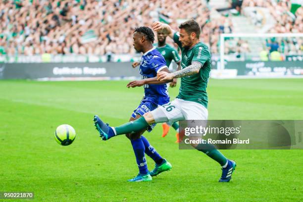 Traore Charles Blonda of Troyes and Debuchy Mathieu of Saint Etienne during the Ligue 1 match between AS Saint Etienne and Troyes AC at Stade...