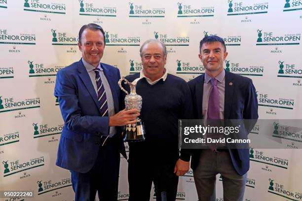 Costantino Rocca of Italy poses with David MacLaren the Head of The Staysure Tour and Mike Woodcock Head of Communications for the R&A during the...