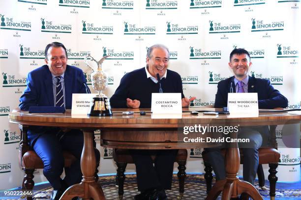 Costantino Rocca of Italy speaks to the media flanked by David MacLaren the Head of The Staysure Tour and Mike Woodcock Head of Communications for...