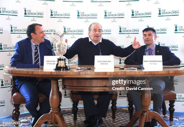 Costantino Rocca of Italy speaks to the media flanked by David MacLaren the Head of The Staysure Tour and Mike Woodcock Head of Communications for...