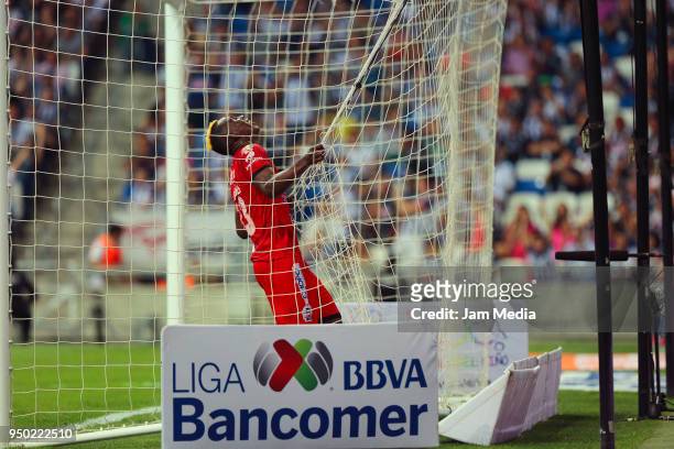 Julian Quinones of Lobos BUAP reacts after missing a chance during the 16th round match between Monterrey and Lobos BUAP as part of the Torneo...