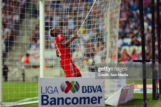 Julian Quinones of Lobos BUAP reacts after missing a chance during the 16th round match between Monterrey and Lobos BUAP as part of the Torneo...