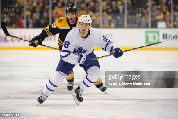 Andreas Johnsson of the Toronto Maple Leafs skates against the Boston Bruins in Game Five of the Eastern Conference First Round in the 2018 Stanley...