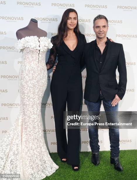 Irina Shayk and Herve Moreau pose during a photocall for the Pronovias Bridal fitting for Barcelona Bridal Week 2018 on April 22, 2018 in Barcelona,...