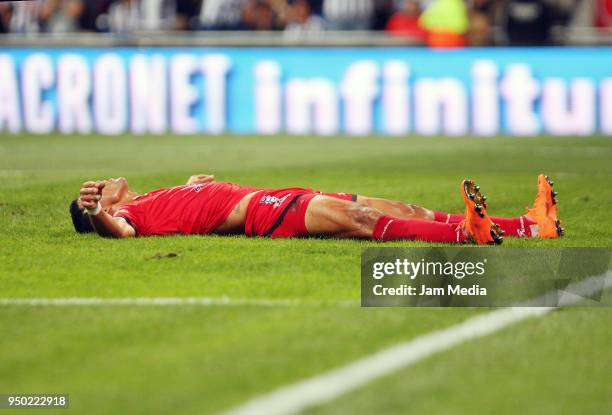 Francisco Rodriguez of Lobos BUAP reacts after scoring an own goal during the 16th round match between Monterrey and Lobos BUAP as part of the Torneo...