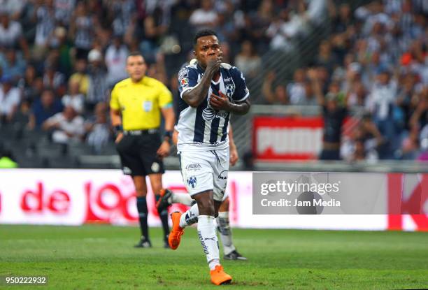 Dorlan Pabon of Monterrey celebrates after scoring the third goal of his team during the 16th round match between Monterrey and Lobos BUAP as part of...