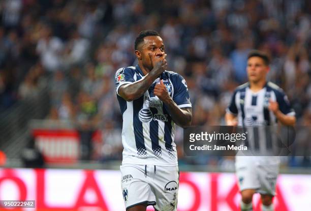 Dorlan Pabon of Monterrey celebrates after scoring the third goal of his team during the 16th round match between Monterrey and Lobos BUAP as part of...