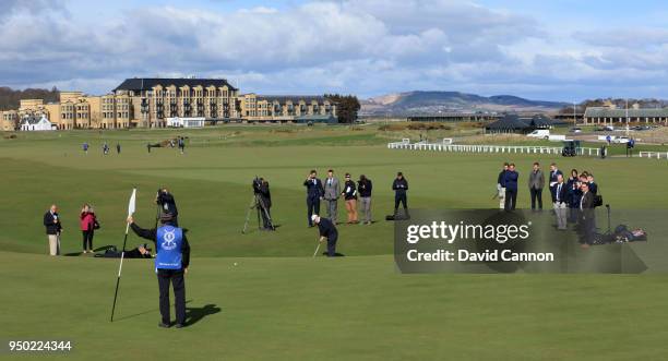 Costantino Rocca of Italy attempts to recreate the long putt that he holed from the 'Valley of Sin' to get into a play-off with John Daly for the...