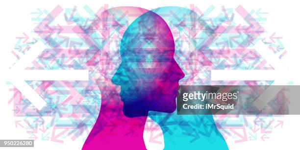 woman and man multi directional thoughts - outwards - neuroscience stock illustrations