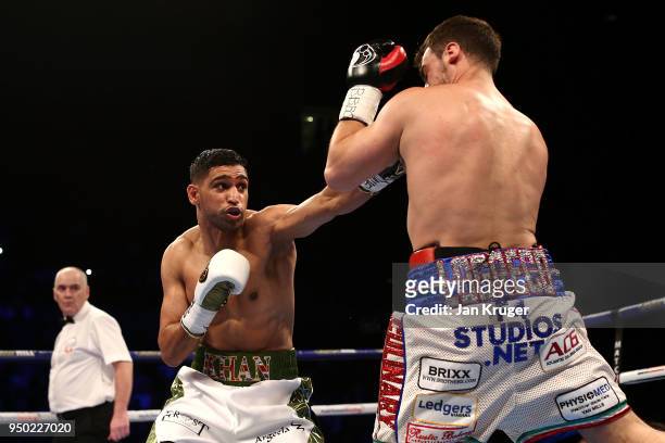 Amir Khan in action against Phil Lo Greco during their Super Welterweight bout at Echo Arena on April 21, 2018 in Liverpool, England.