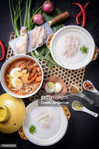 breakfast set with oriental food - hokkien mee stock pictures, royalty-free photos & images