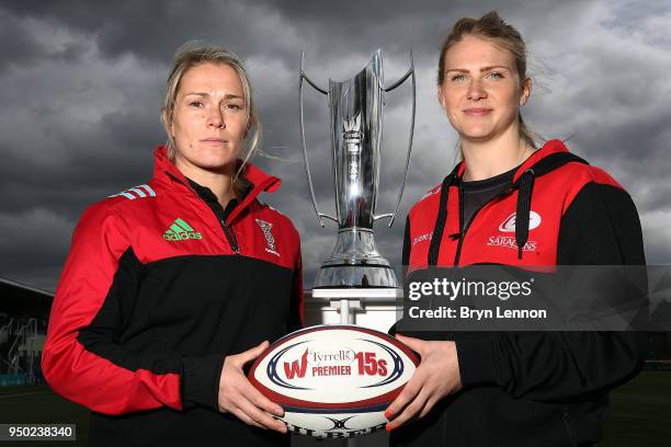 Harlequins Ladies Captain Rachael Burford and Saracens Women Captain Charlotte Clapp pose for a photo at the Tyrrells Premier 15s Finals Launch on...