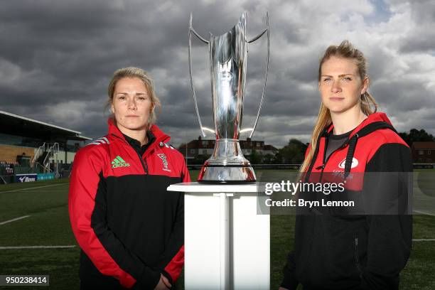 Harlequins Ladies Captain Rachael Burford and Saracens Women Captain Charlotte Clapp pose for a photo at the Tyrrells Premier 15s Finals Launch on...