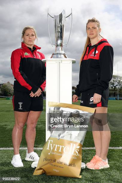 Harlequins Ladies Captain Rachael Burford and Saracens Women Captain Charlotte Clapp pose for a photo at the Tyrrells Premier 15s Finals Launch on...