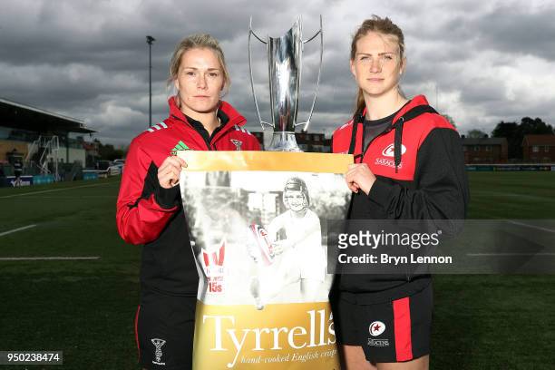 Harlequins Ladies Captain Rachael Burford and Saracens Women Captain Charlotte Clapp pose for a photo at the Tyrrells Premier 15s Finals Launch on...