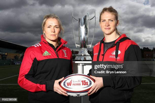 Harlequins Ladies Captain Rachael Burford and Saracens Women Captain Charlotte Clapp pose for a photo at the Tyrrells Premier 15s Finals Launch on...