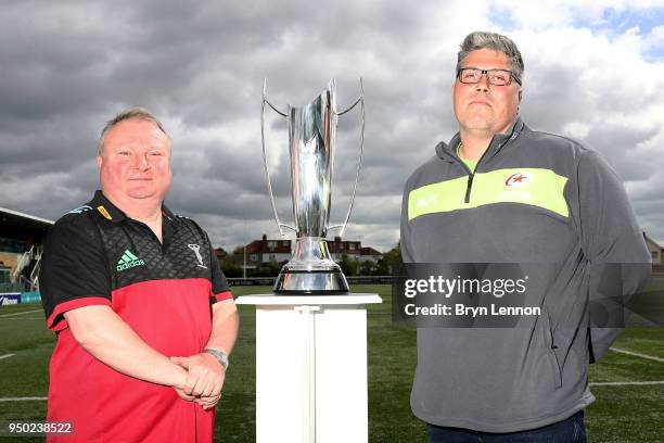 Head Coach of Saracens Women Rob Cain and Gary Street Co Head Coach of Harlequins Ladies pose for a photo at the Tyrrells Premier 15s Finals Launch...