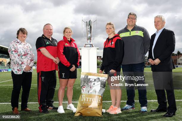 Nicky Ponsford, RFU Head of Womens Performance, Gary Street Co Head Coach of Harlequins Ladies and Captain Rachael Burford pose alongside Saracens...