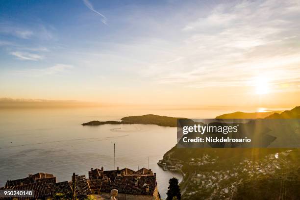 eze & mediterranean sea sunset birds eye view - eze village stock pictures, royalty-free photos & images