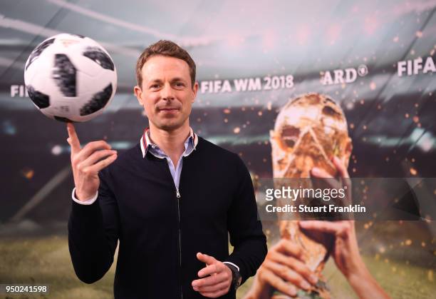 Alexander Bommes poses for a picture during the ARD and ZDF FIFA World Cup presenter team presentation on April 23, 2018 in Hamburg, Germany.