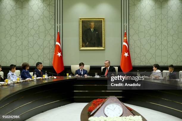 Turkish President Recep Tayyip Erdogan receives children as part of the National Sovereignty and Children's Day, at Presidential Complex in Ankara,...