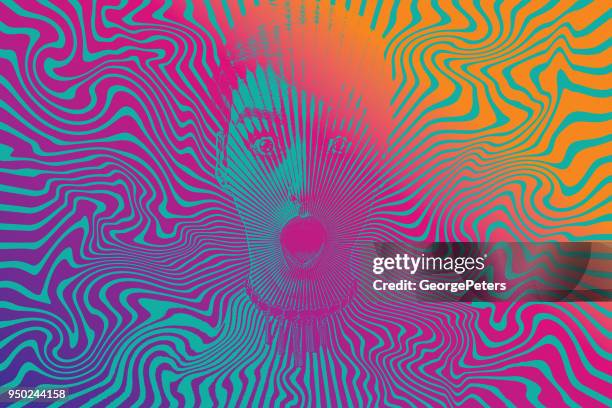 woman with shocked facial expression and halftone pattern - psychedelic music stock illustrations