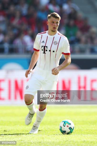 Lars Lukas Mai of Munich in action during the Bundesliga match between Hannover 96 and FC Bayern Muenchen at HDI-Arena on April 21, 2018 in Hanover,...