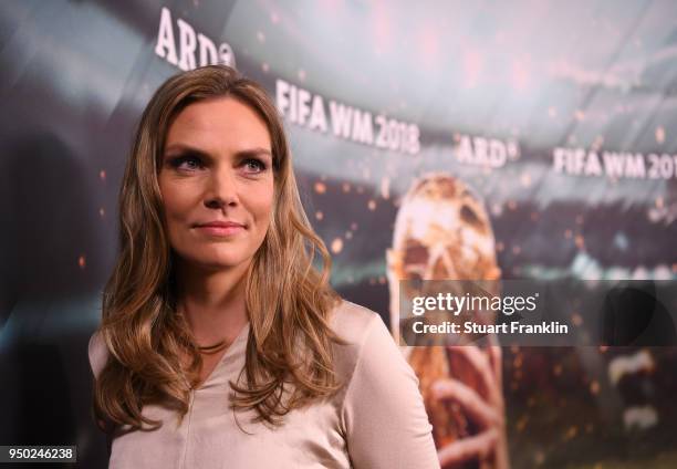 Julia Scharf poses for a picture during the ARD and ZDF FIFA World Cup presenter team presentation on April 23, 2018 in Hamburg, Germany.