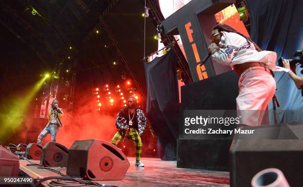 Quavo, Offset, Takeoff of Migos performs onstage during the 2018 Coachella Valley Music and Arts Festival at the Empire Polo Field on April 22, 2018...