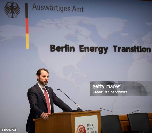 Berat Albayrak, Minister of Energy and Natural Resources, Turkey speaks during the 'Berlin Energy Transition Dialogue' on April 17, 2018 in Berlin,...