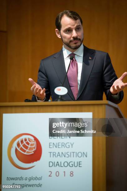 Berat Albayrak, Minister of Energy and Natural Resources, Turkey speaks during the 'Berlin Energy Transition Dialogue' on April 17, 2018 in Berlin,...
