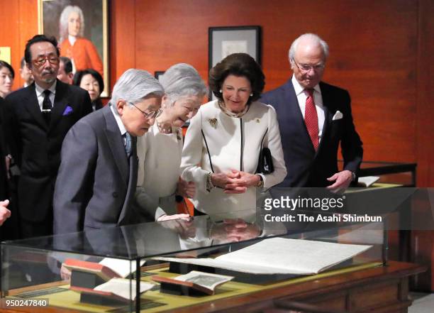 King Carl XVI Gustaf of Sweden, Queen Silvia of Sweden, Emperor Akihito and Empress Michiko visit the exhibition "The Art of Natural Science in...