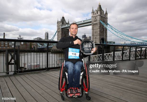 Overall winner of the wheelchair men's Abbott World Marathon Majors Series Switzerland's Marcel Hug during a photocall outside Tower Bridge, London....