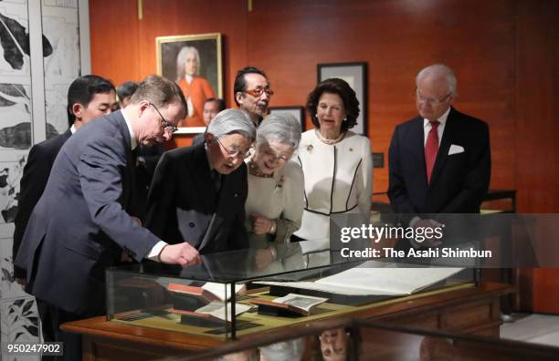 King Carl XVI Gustaf of Sweden, Queen Silvia of Sweden, Emperor Akihito and Empress Michiko visit the exhibition "The Art of Natural Science in...