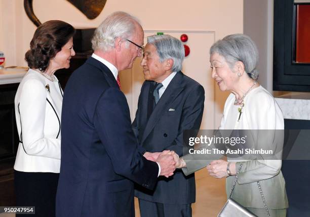 King Carl XVI Gustaf of Sweden, Queen Silvia of Sweden are welcomed by Emperor Akihito and Empress Michiko at the exhibition "The Art of Natural...